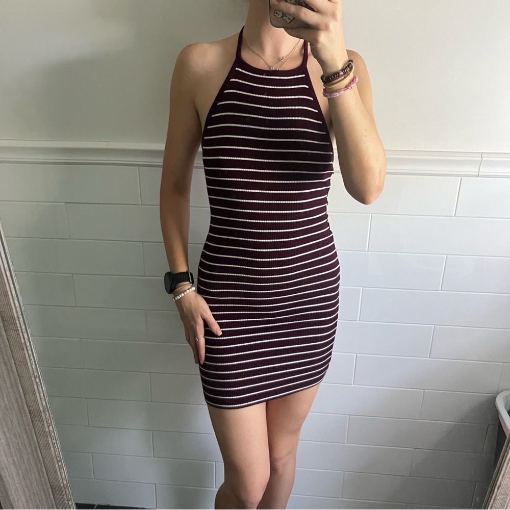 Maroon Striped Halter Top Dress